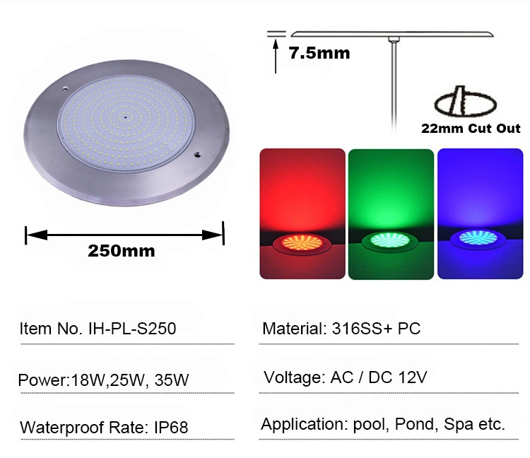 250mm 316 Stainless Steel DC12V 8mm Resin Filled Slim Flat Wall Mount LED SPA Pool Lights